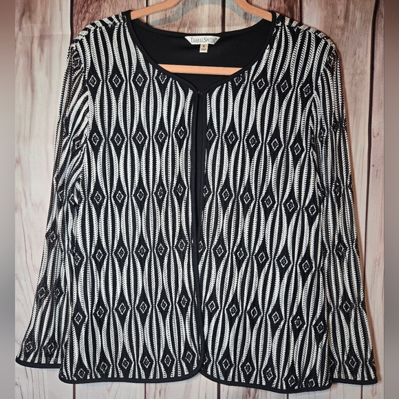 TravelSmith Black and White Geometric One Button Cardigan Womens Medium - Picture 1 of 11